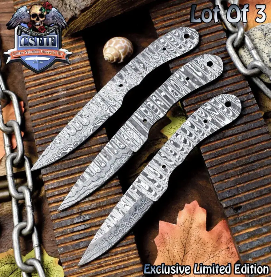 Skinning Knives — CSFIF Handmade Hand Forged Ladder Damascus Blank Item Wootz Lot of 3 EDC Rare